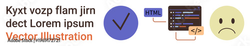 Web development, user experience, coding, approval processes, emotions in design, digital workflow. Programming code interface, checkmark and sad emotion. Web development and user experience