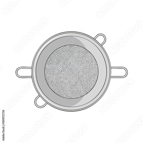 Top view of a metal sieve with tiny particles inside, isolated on white