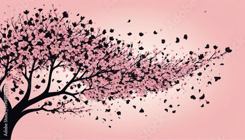 Pink cherry blossom tree, black silhouette, pink background, floral vector, blossoming tree