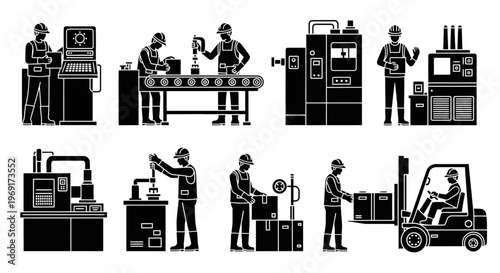 Factory Worker Scene Silhouette Industrial Manufacturing Process Vector Isolated on White