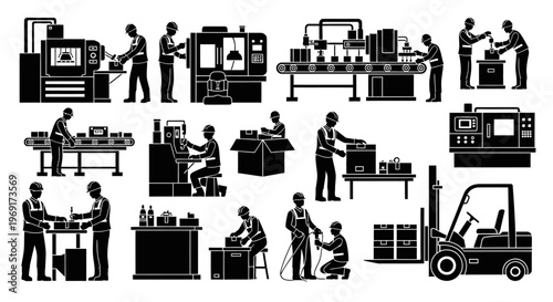 Factory Worker Scene Silhouette Industrial Manufacturing Process Vector Isolated on White