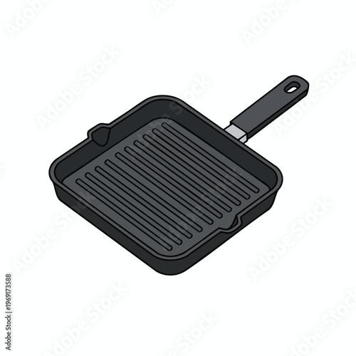 A square, black grill pan with a handle on a white background