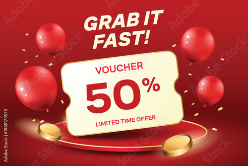 3d voucher template with balloon and money flying. Red gift voucher design template. 