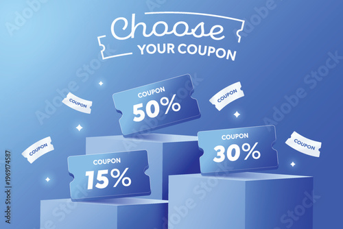 3d blue podium with voucher in any various percent discount choice.