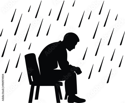 Sad Man Silhouette Sitting on Chair in Rain Conceptual Illustration