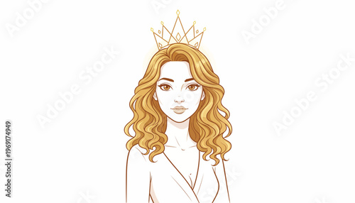 Elegant animated portrait of a beautiful blonde woman with flowing hair wearing a regal golden crown