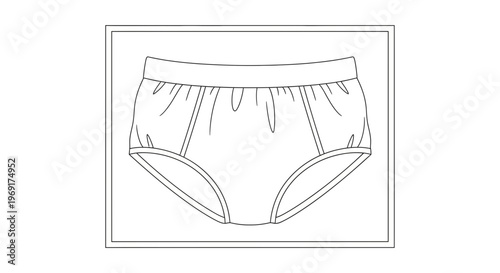 Minimalist technical flat drawing of classic women's underwear briefs in clean line art style