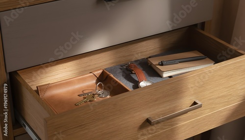 Organized wooden dresser drawer partially open revealing personal items including keys in a leather tray a watch and a notebook for morning routine