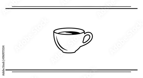 Minimalist black and white line art illustration of a simple coffee cup with hot beverage, perfect