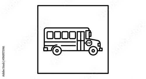 Minimalist outline illustration of a classic school bus with a prominent stop sign icon for