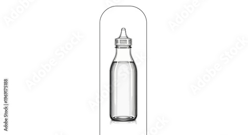 Detailed line art drawing of a clear liquid container with a distinct nipple-style cap, perfect