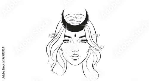 Elegant line art of a divine feminine figure adorned with a radiant crescent moon