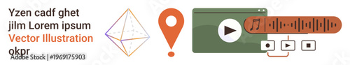 Digital content creation, multimedia use, streaming services, data visualization, mapping tools, and online media. Includes play button, location icon waveform and geometric shape. Multimedia
