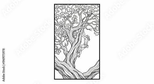 Intricate line art of a person ascending an ancient, majestic tree, embodying strength and