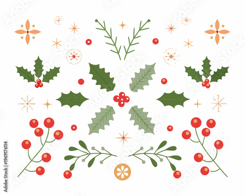 Festive botanical illustration featuring holly berries and decorative floral elements