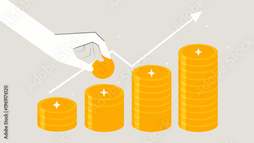 Investment growth visualized with stacked coins and an upward trending arrow