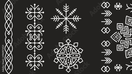 Geometric patterns and stylized floral designs in a monochrome style