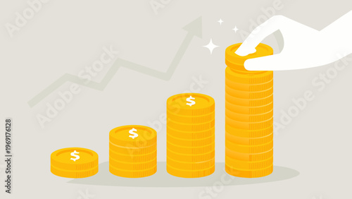 Hand placing coin on growing stack representing financial growth and investment