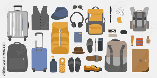 Flat lay arrangement of travel accessories and clothing items