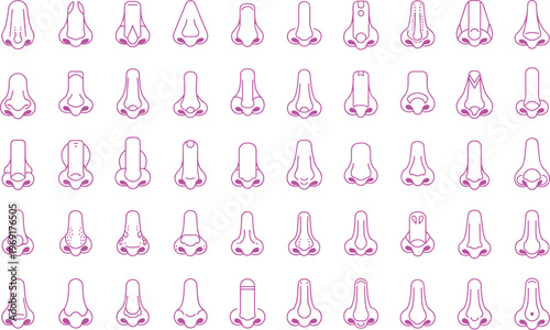 collection, front view anatomy icons, cosmetic surgery reference, facial feature diversity design