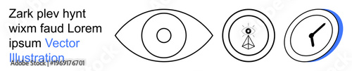 Visual include vision, time management, communication, focus, technology, and observation. Image showcases an eye, a communication tower and a clock. Vision and time management concepts