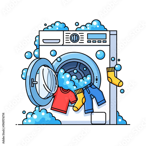 Washing Machine Full Of Clothes and Bubbles, Laundry Day Concept