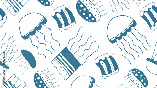 Blue jellyfish pattern on a white background seamless and whimsical design