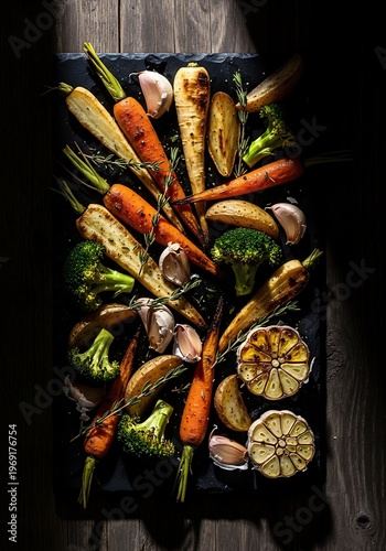 Roasted vegetables with rosemary and garlic on a baking tray