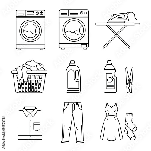 Laundry Icons Set: Washing Machine, Iron, Basket, Clothes, Detergent, Clothespins
