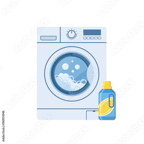 Washing Machine with Detergent Bottle, Laundry Concept, Clean Clothes