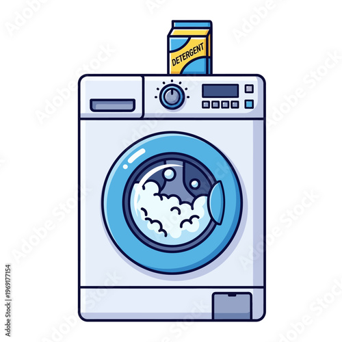 Washing Machine with Detergent Box, Clean Laundry Concept, Cartoon Style