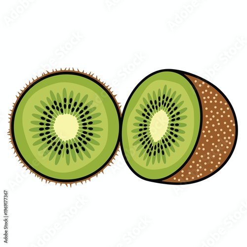 Two halves of a fuzzy kiwi fruit, one whole, one cut to reveal seeds