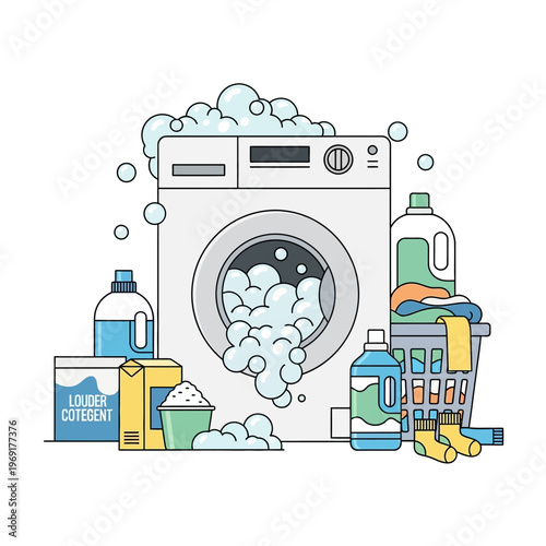 Washing Machine with Laundry Detergent and Clothes, Bubbles and Foam
