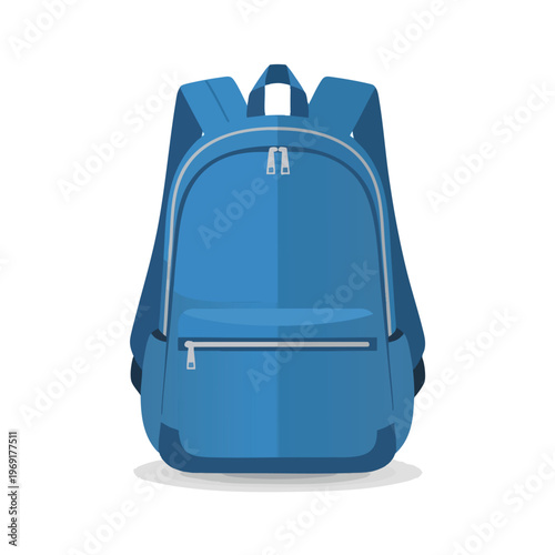 Blue backpack with two zippered compartments and adjustable straps, set against white