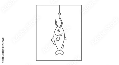 Minimalist outline drawing of a fish caught on a fishing hook with a line above