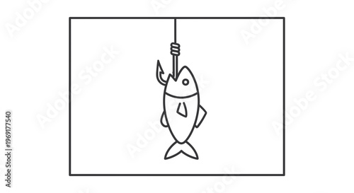 Minimalist black and white outline drawing depicting a fish hooked by fishing tackle