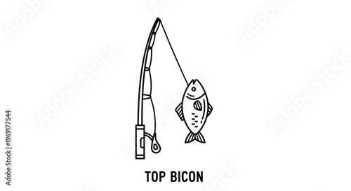 Minimalist line art illustration of a fishing rod with a hooked fish a simple clean graphic design