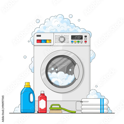 Washing Machine with Laundry Detergent, Brush, and Clean Towels, Full of Soap Bubbles