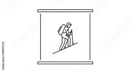 Outline illustration of a person hiking uphill with a backpack and trekking poles representing