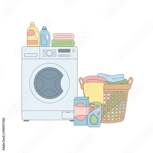 Laundry Room Scene: Washing Machine, Basket of Clothes, and Detergents