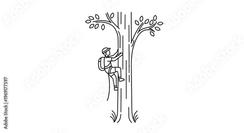 Minimalist line art illustration of an adventurer ascending a tall tree trunk with climbing gear