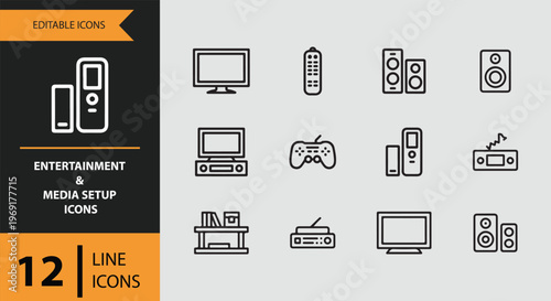 Entertainment and media setup icons in line style on gray background