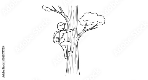 An outline drawing of a person with a backpack climbing a sturdy tree trunk illustration for