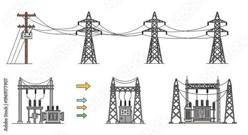 Electricity transmission towers and substations.