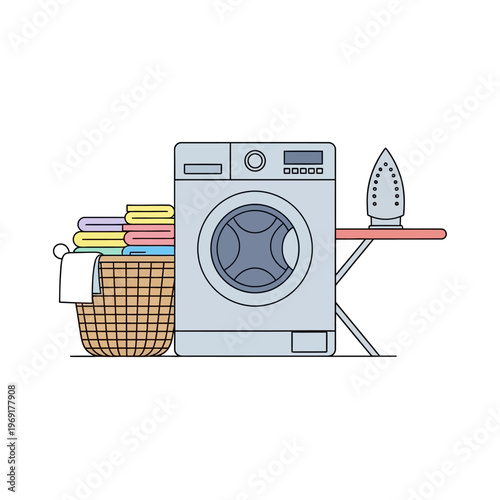 Laundry Day: Washing Machine, Ironing Board, Clothes Basket & Stacked Laundry