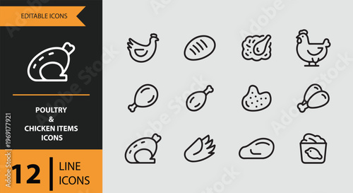Poultry and chicken items icons in line style for food design