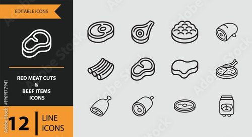 Red meat cuts and beef items line icons on gray background