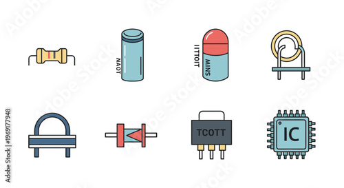 Electronic components on a white background.