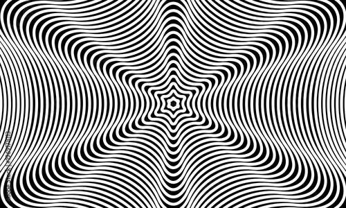 Hypnotic black and white abstract geometric optical illusion background. radial wavy star pattern.