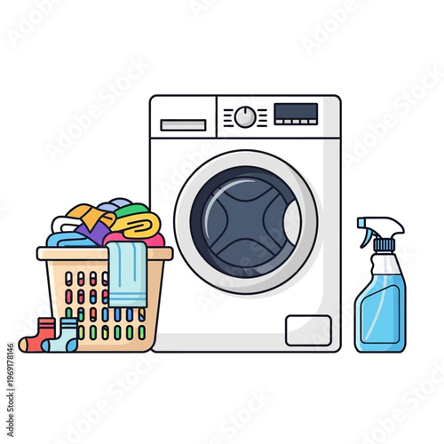 Washing Machine with Laundry Basket, Clothes, Socks, and Cleaning Spray Bottle